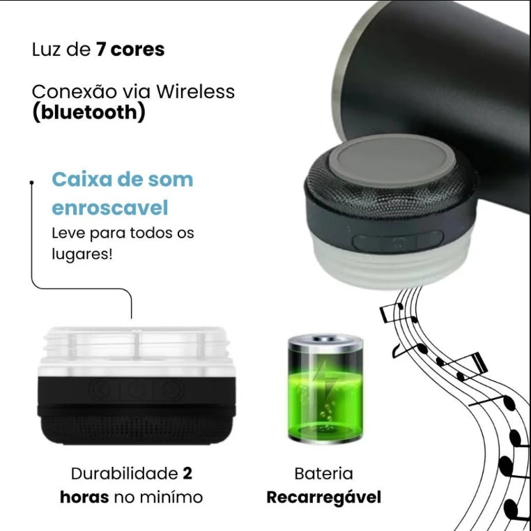 Copo térmico inox com tampa abridor e caixa de som com bluetooth Led 420ML