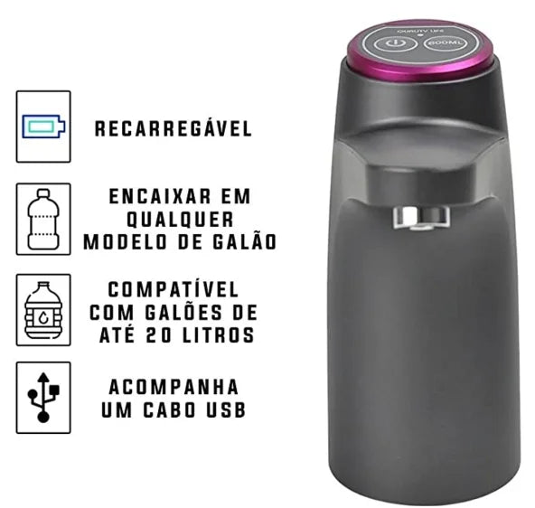 Bomba Elétrica Premium para Galão de 20L – Dispenser USB Recarregável com 2 Botões