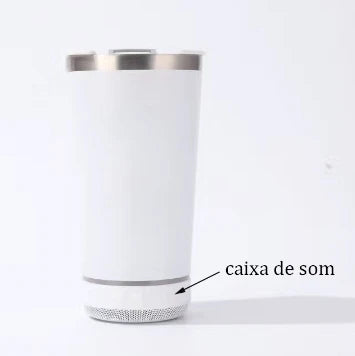 Copo térmico inox com tampa abridor e caixa de som com bluetooth Led 420ML