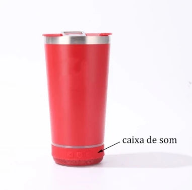 Copo térmico inox com tampa abridor e caixa de som com bluetooth Led 420ML