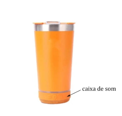 Copo térmico inox com tampa abridor e caixa de som com bluetooth Led 420ML