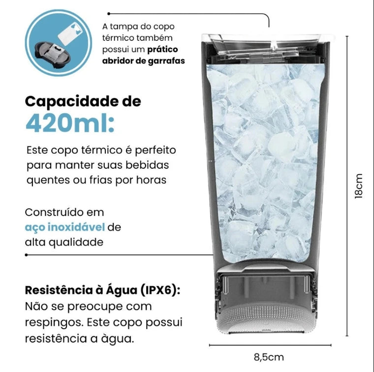 Copo térmico inox com tampa abridor e caixa de som com bluetooth Led 420ML