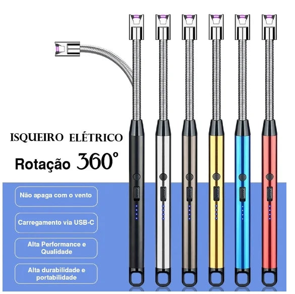 Isqueiro Eletrônico Recarregável USB 360° para Churrasco e Uso Multifuncional